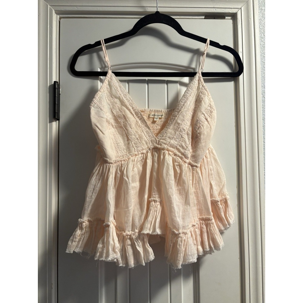 World Together Camisole Top Women L Pink Boho Lace Trim Ruffle Gauze Cotton